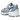 New Balance 530 Silver Metallic Heron Blue sneakers i vinkelret visning med sølvfarvet mesh overdel og blå detaljer samt hvid sål
