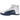 Jordan 12 Retro French Blue sneakers i sideprofil med hvid læderoverdel, blå stænkskærm og snørebånd